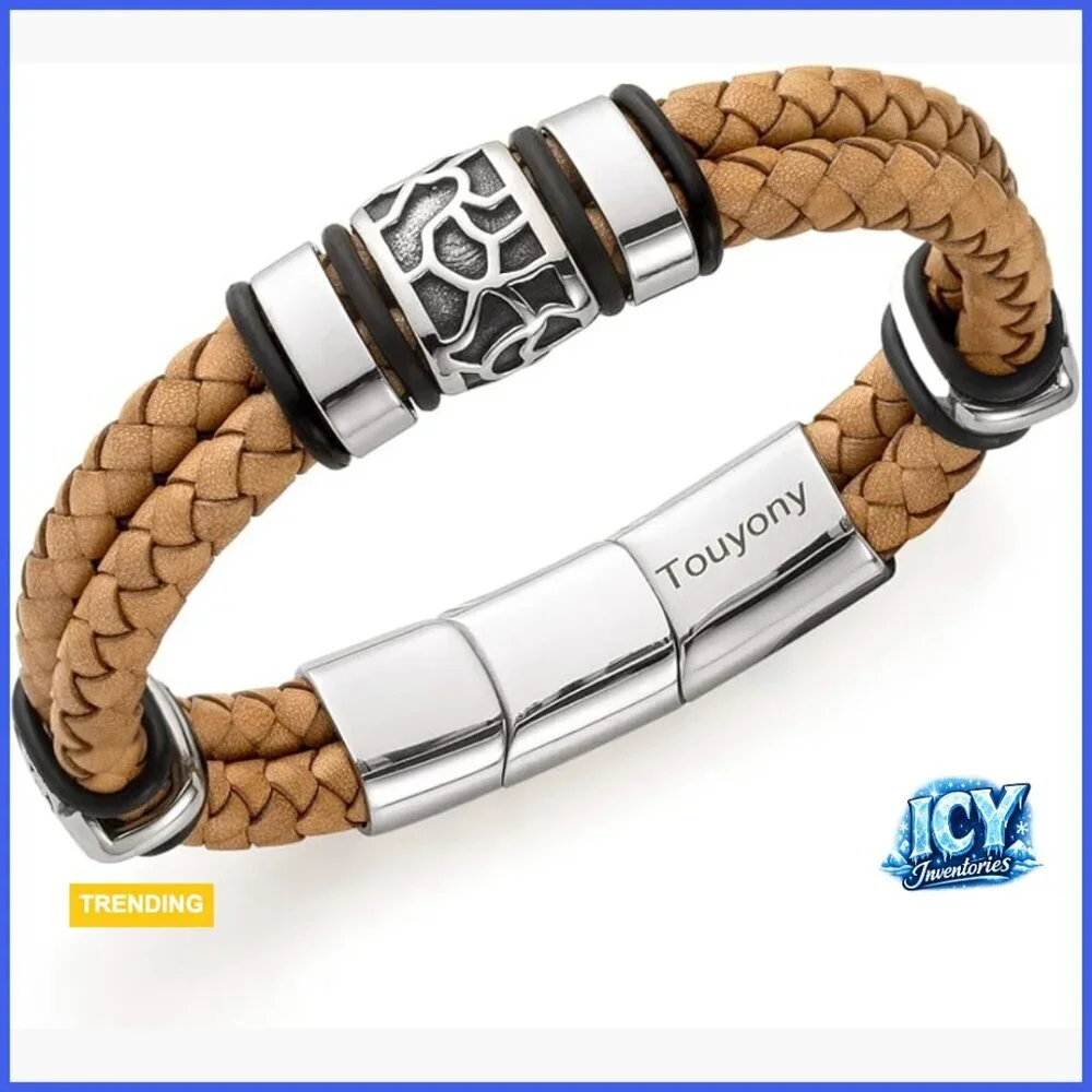 Leather Braided Bracelet with Stainless Steel Magnetic Clasp